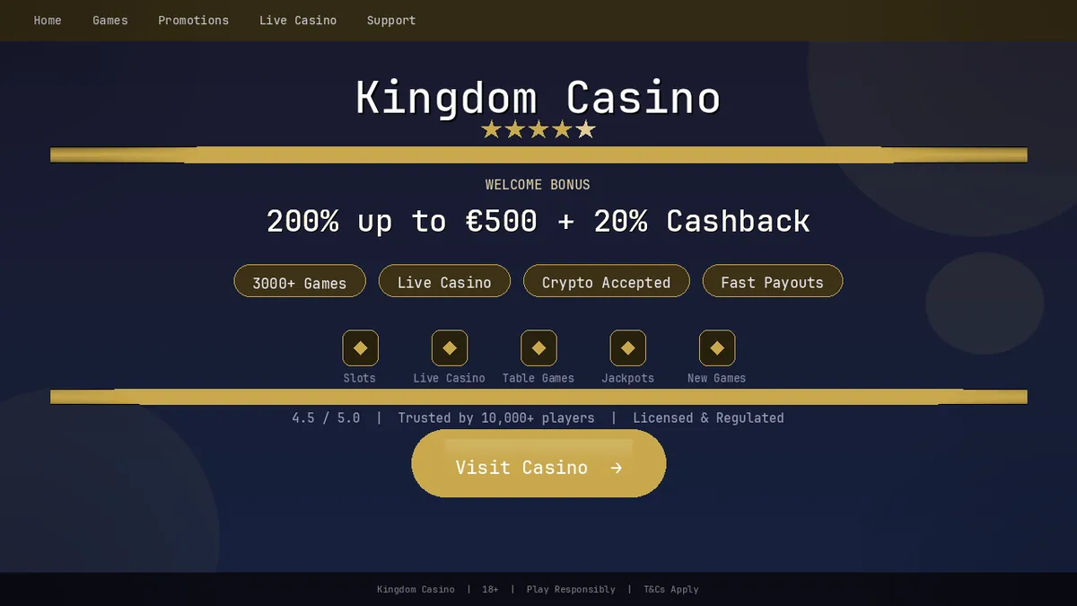 Kingdom Casino platform showing signup bonus and game categories available in Canada