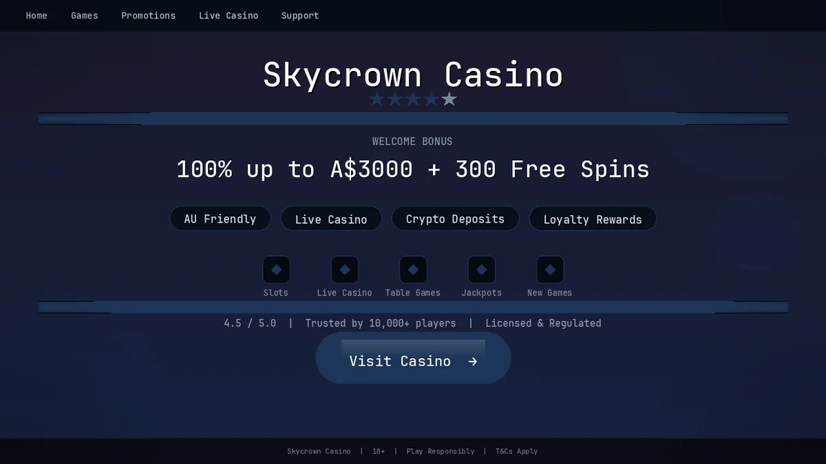 Skycrown Casino platform showing signup bonus and game categories available in Canada